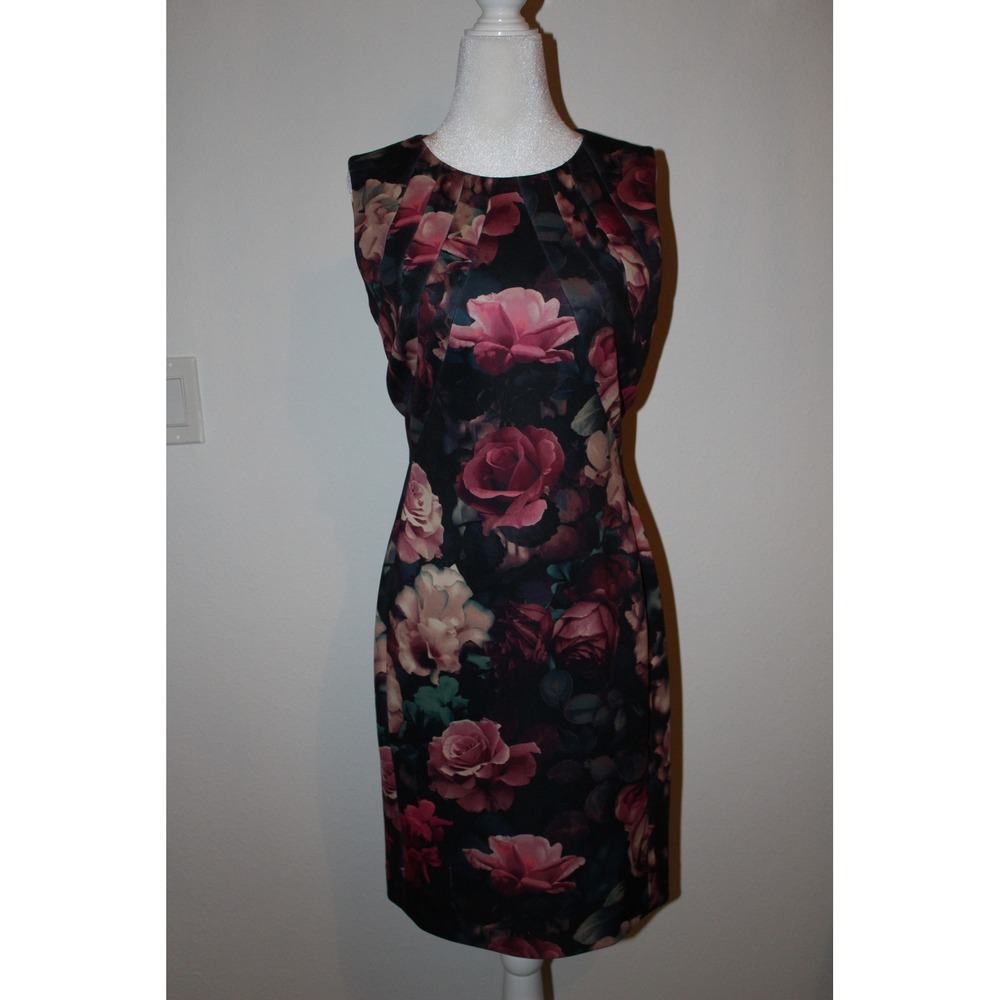 Tahari Arthur S Levine Pink Rose Floral Sheath Dress Black Sleeveless Women's 4